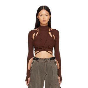 Hyein Seo SSENSE Exclusive Brown Asymmetric Cut-Out Long Sleeve T-Shirt